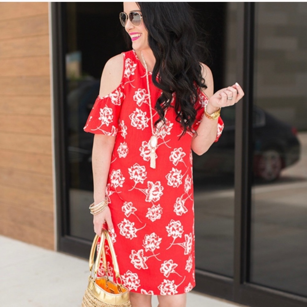 LOFT Red Cold Shoulder Floral Dress 00 Petite